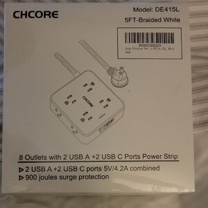 White 5FT-Braided Power Strip with USB Ports